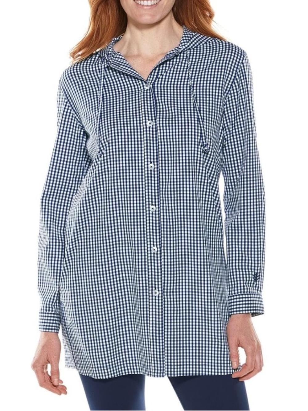 Coolibar Iztapa Navy & White Gingham Hooded Longline Beach Shirt Tunic